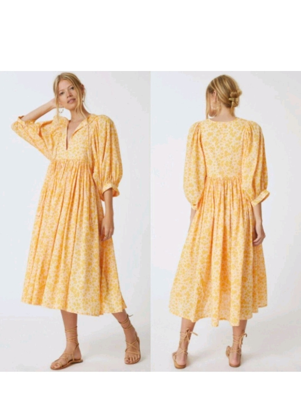Sundry Yellow Floral Puff-Sleeve Midi Dress